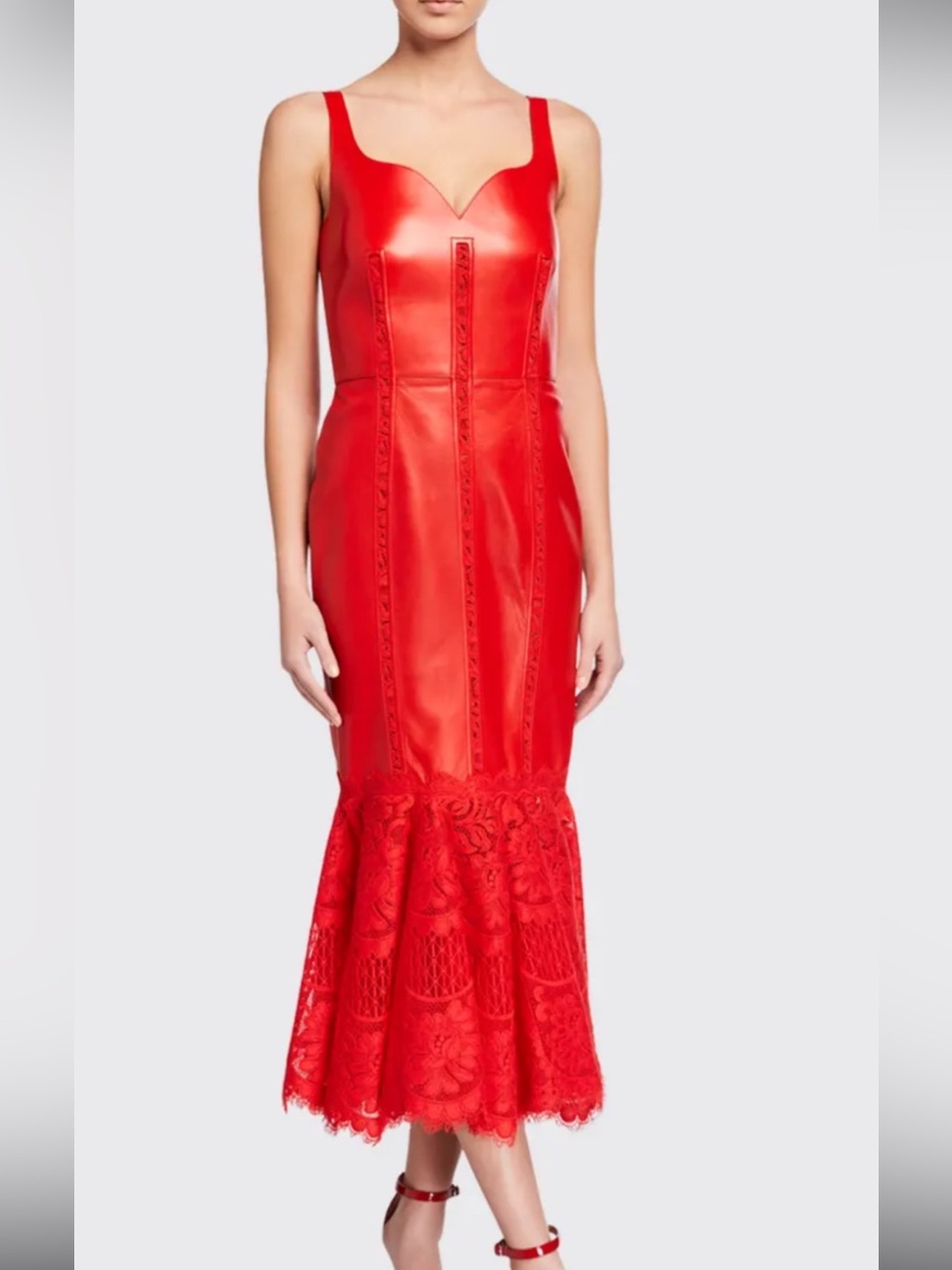 Alexander McQueen Lust Red Lace-Hem Leather Midi Dress